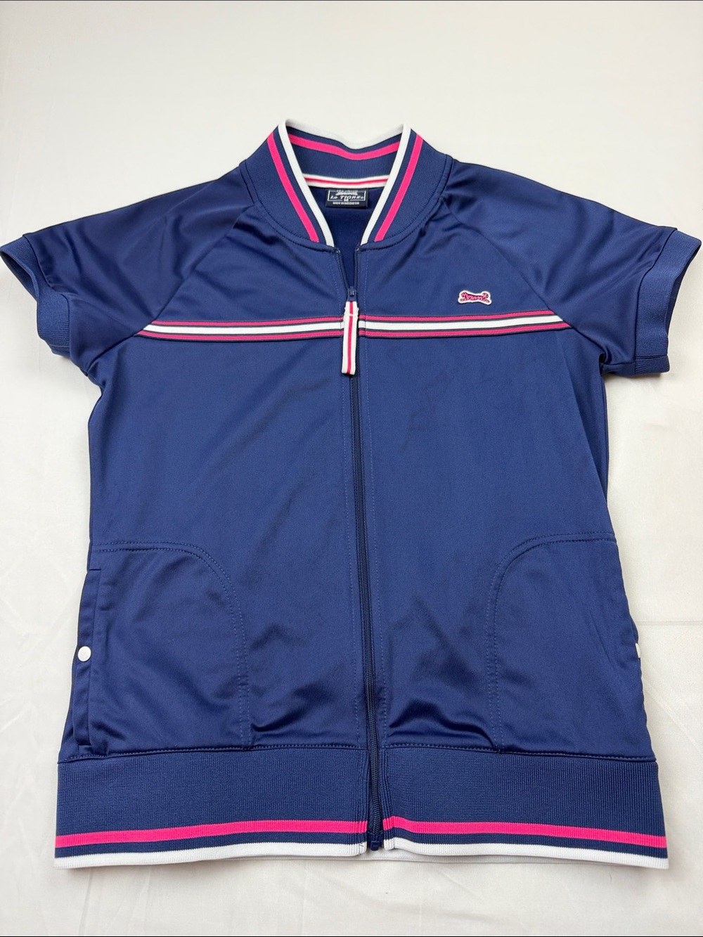 Le Tigre Vintage Navy Short-Sleeve Zip Track Jacket with Pink Trim